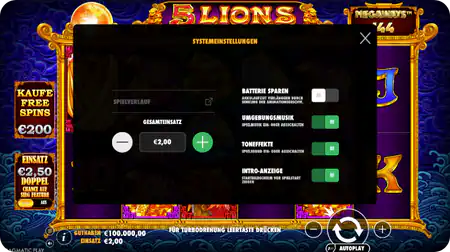 5 Lions Megaways Slot Einstellung des Einsatzes